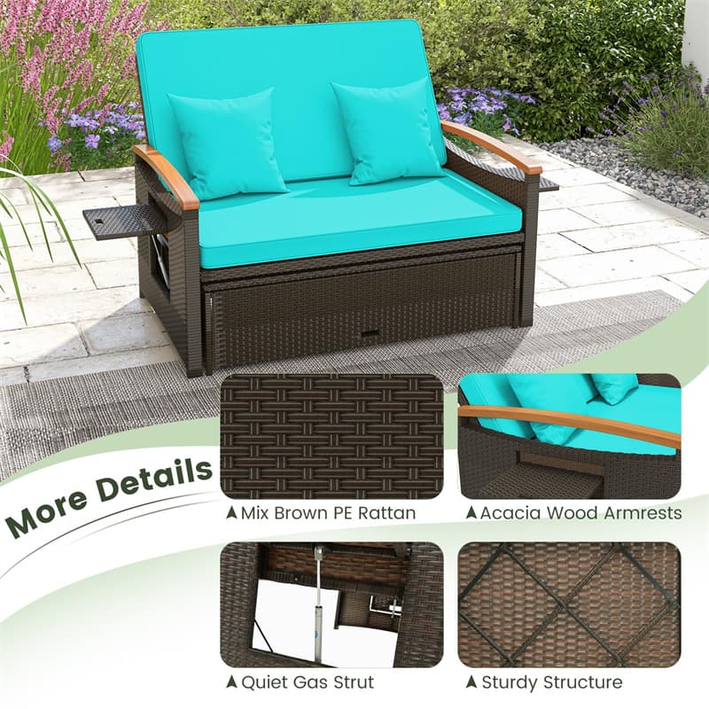 Patio Rattan Daybed Set Outdoor Double Chaise Lounge Adjustable Backrest with Cushioned Loveseat, Storage Ottoman & Retractable Side Tray