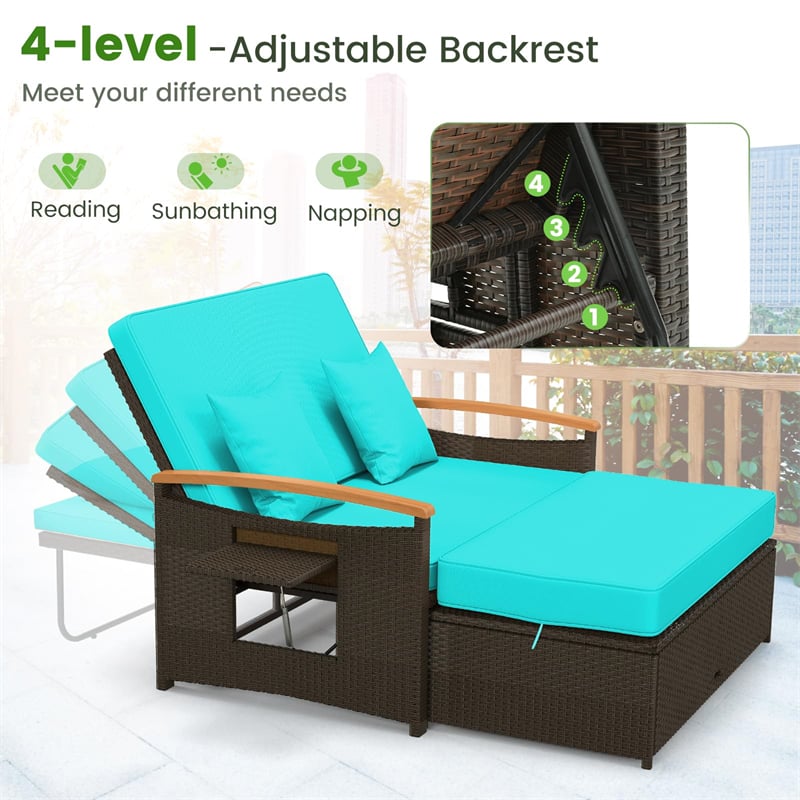 Patio Rattan Daybed Set Outdoor Double Chaise Lounge Adjustable Backrest with Cushioned Loveseat, Storage Ottoman & Retractable Side Tray