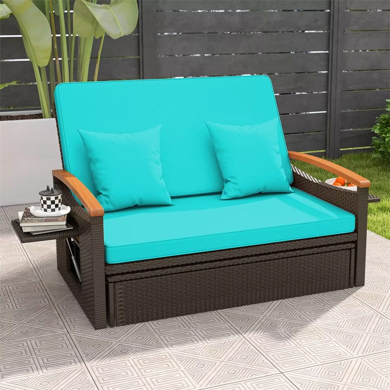 Patio Rattan Daybed Set Outdoor Double Chaise Lounge Adjustable Backrest with Cushioned Loveseat, Storage Ottoman & Retractable Side Tray