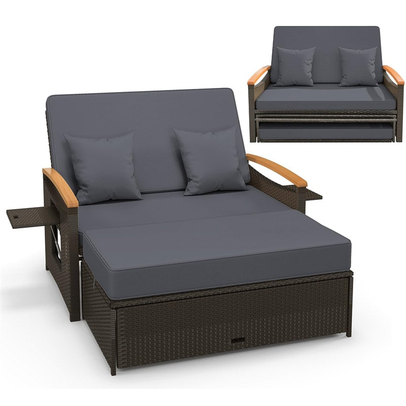 Patio Rattan Daybed Set Outdoor Double Chaise Lounge Adjustable Backrest with Cushioned Loveseat, Storage Ottoman & Retractable Side Tray