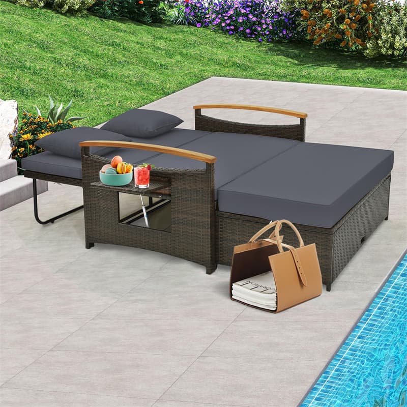 Patio Rattan Daybed Set Outdoor Double Chaise Lounge Adjustable Backrest with Cushioned Loveseat, Storage Ottoman & Retractable Side Tray