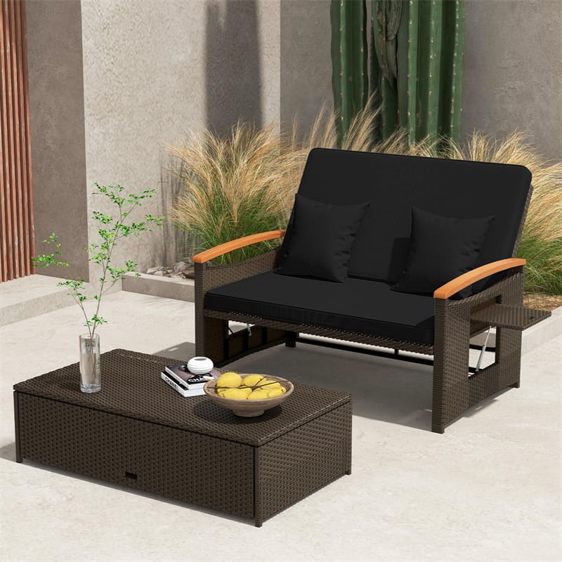 Patio Rattan Daybed Set Outdoor Double Chaise Lounge Adjustable Backrest with Cushioned Loveseat, Storage Ottoman & Retractable Side Tray