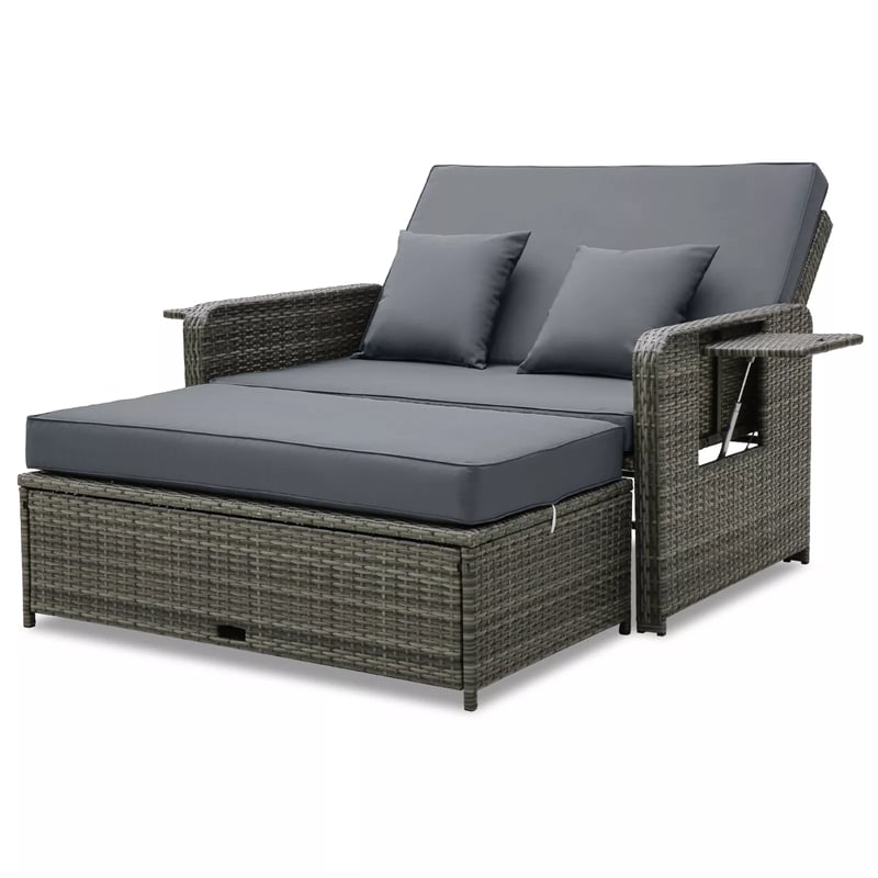 Patio Rattan Daybed Set Wicker Loveseat Sofa with Multipurpose Storage Ottoman, Seat & Back Cushions, Retractable Side Tray, Adjustable Backrest