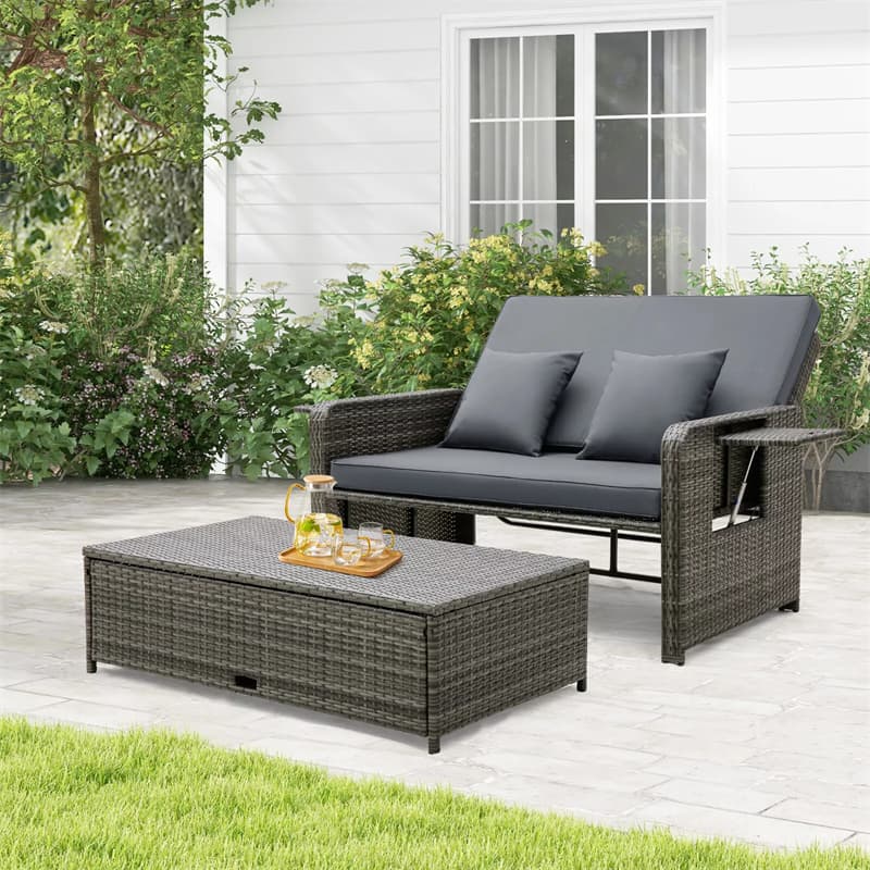 Patio Rattan Daybed Set Wicker Loveseat Sofa with Multipurpose Storage Ottoman, Seat & Back Cushions, Retractable Side Tray, Adjustable Backrest