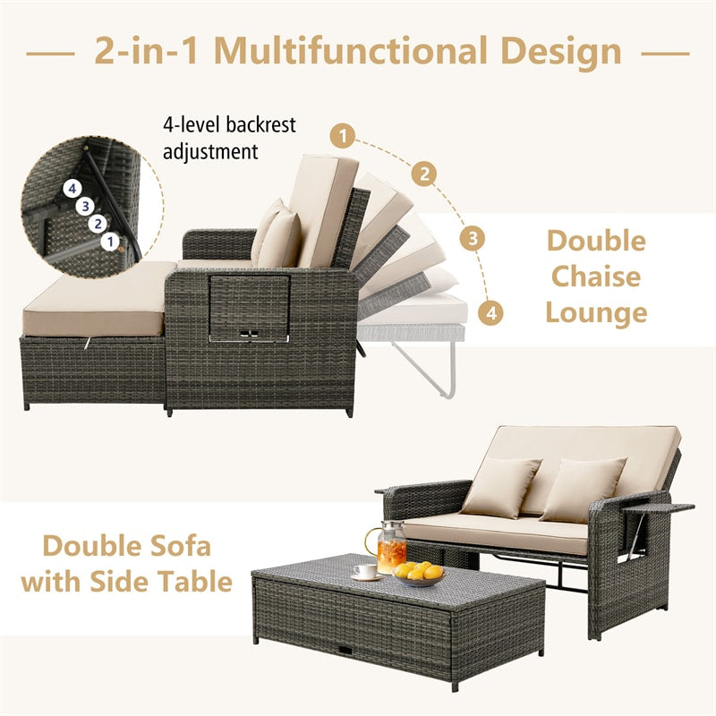 Patio Rattan Daybed Set Wicker Loveseat Sofa with Multipurpose Storage Ottoman, Seat & Back Cushions, Retractable Side Tray, Adjustable Backrest