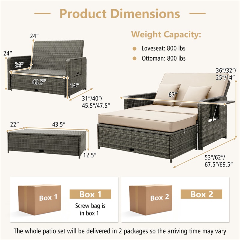 Patio Rattan Daybed Set Wicker Loveseat Sofa with Multipurpose Storage Ottoman, Seat & Back Cushions, Retractable Side Tray, Adjustable Backrest