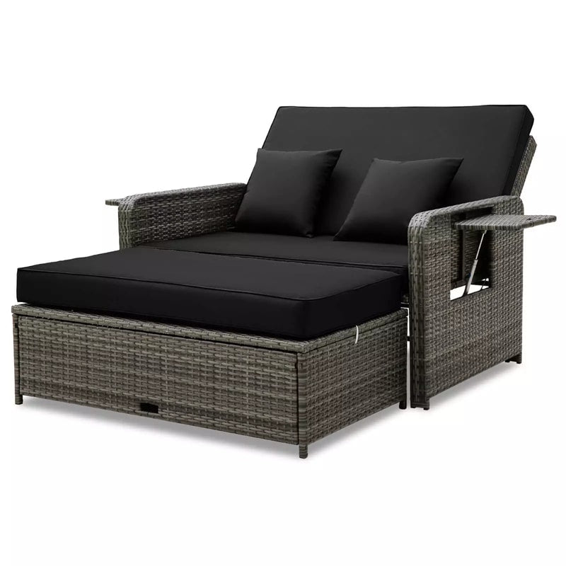 Patio Rattan Daybed Set Wicker Loveseat Sofa with Multipurpose Storage Ottoman, Seat & Back Cushions, Retractable Side Tray, Adjustable Backrest