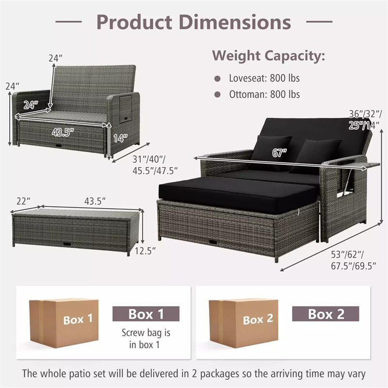 Patio Rattan Daybed Set Wicker Loveseat Sofa with Multipurpose Storage Ottoman, Seat & Back Cushions, Retractable Side Tray, Adjustable Backrest