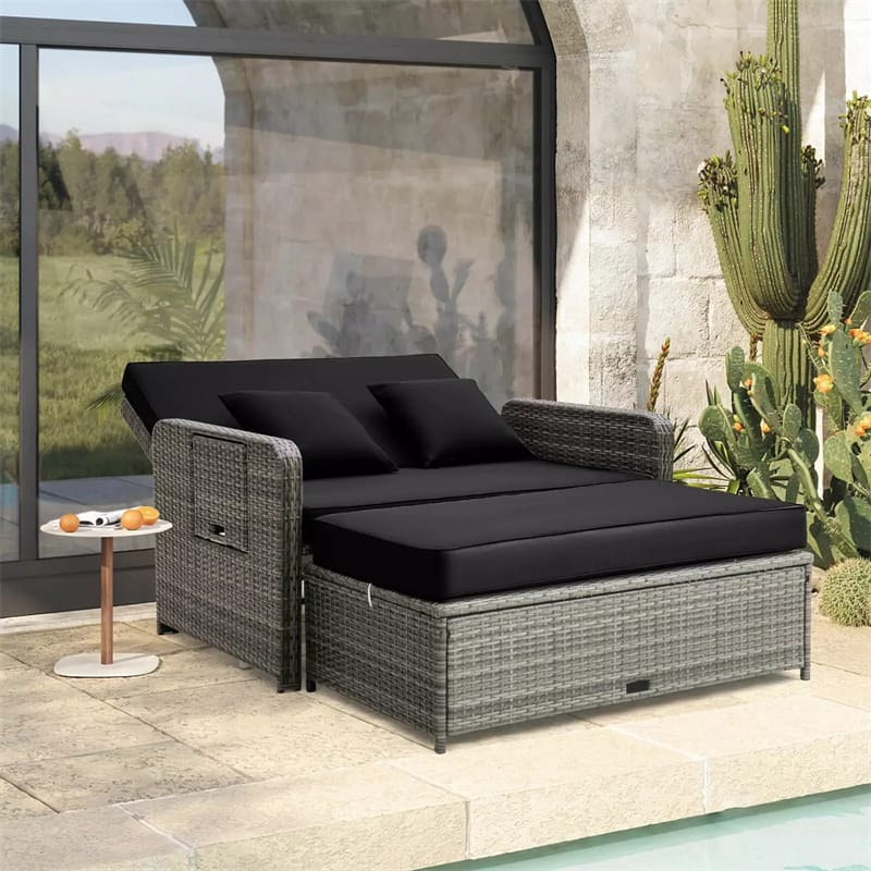 Patio Rattan Daybed Set Wicker Loveseat Sofa with Multipurpose Storage Ottoman, Seat & Back Cushions, Retractable Side Tray, Adjustable Backrest