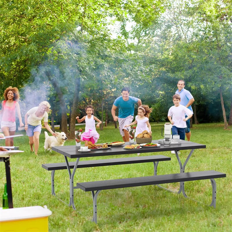 8-Person Picnic Table Bench Set 6FT Large Outdoor Picnic Table with Umbrella Hole, HDPE Tabletop, Metal Frame & 2 Built-in Benches