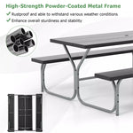 8-Person Picnic Table Bench Set 6FT Large Outdoor Picnic Table with Umbrella Hole, HDPE Tabletop, Metal Frame & 2 Built-in Benches