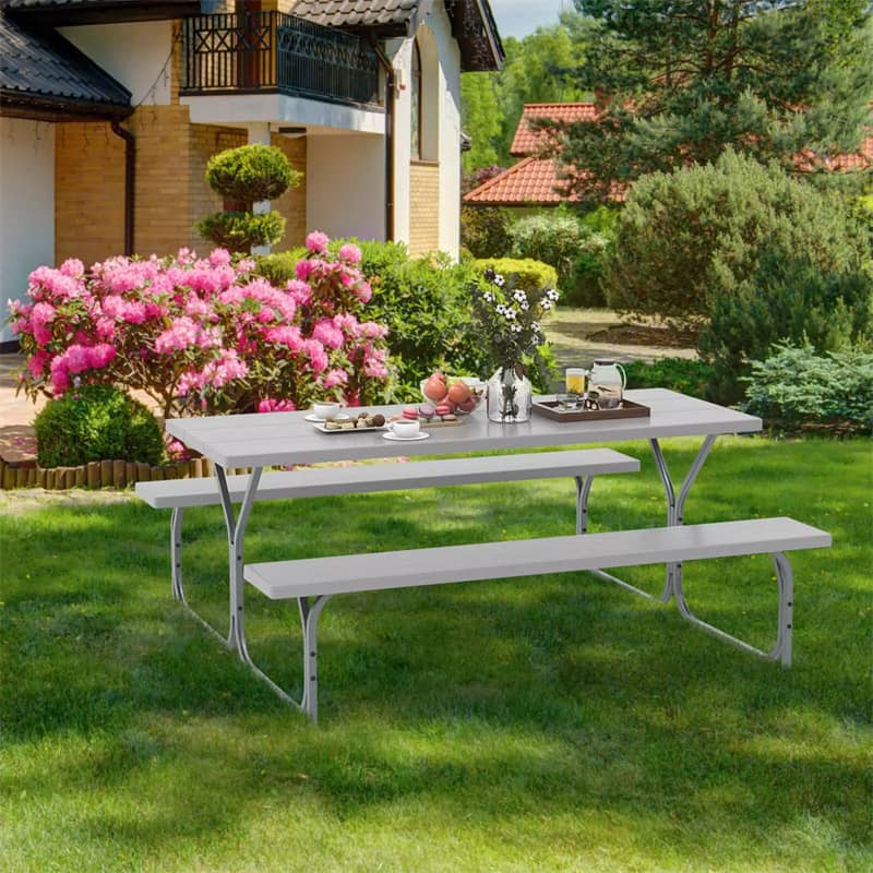 8-Person Picnic Table Bench Set 6FT Large Outdoor Picnic Table with Umbrella Hole, HDPE Tabletop, Metal Frame & 2 Built-in Benches