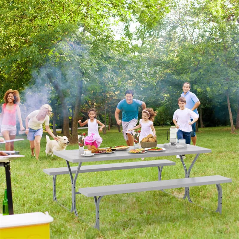 8-Person Picnic Table Bench Set 6FT Large Outdoor Picnic Table with Umbrella Hole, HDPE Tabletop, Metal Frame & 2 Built-in Benches