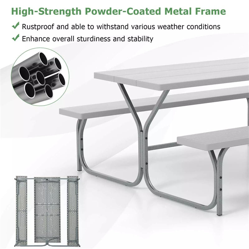 8-Person Picnic Table Bench Set 6FT Large Outdoor Picnic Table with Umbrella Hole, HDPE Tabletop, Metal Frame & 2 Built-in Benches