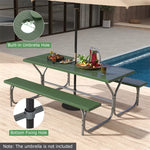 8-Person Picnic Table Bench Set 6FT Large Outdoor Picnic Table with Umbrella Hole, HDPE Tabletop, Metal Frame & 2 Built-in Benches