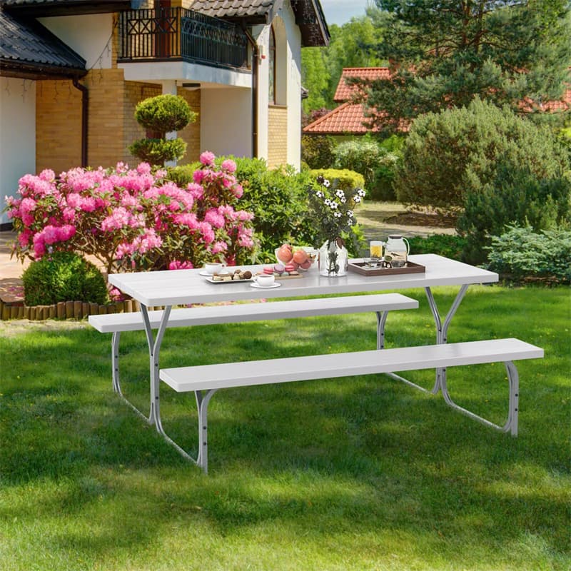 8-Person Picnic Table Bench Set 6FT Large Outdoor Picnic Table with Umbrella Hole, HDPE Tabletop, Metal Frame & 2 Built-in Benches