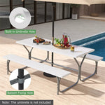 8-Person Picnic Table Bench Set 6FT Large Outdoor Picnic Table with Umbrella Hole, HDPE Tabletop, Metal Frame & 2 Built-in Benches