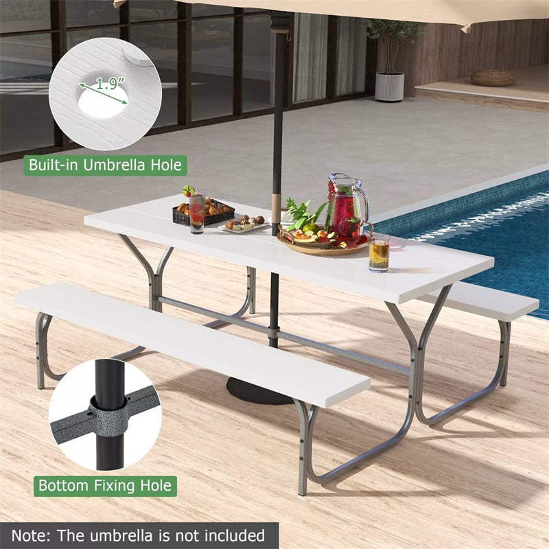 8-Person Picnic Table Bench Set 6FT Large Outdoor Picnic Table with Umbrella Hole, HDPE Tabletop, Metal Frame & 2 Built-in Benches