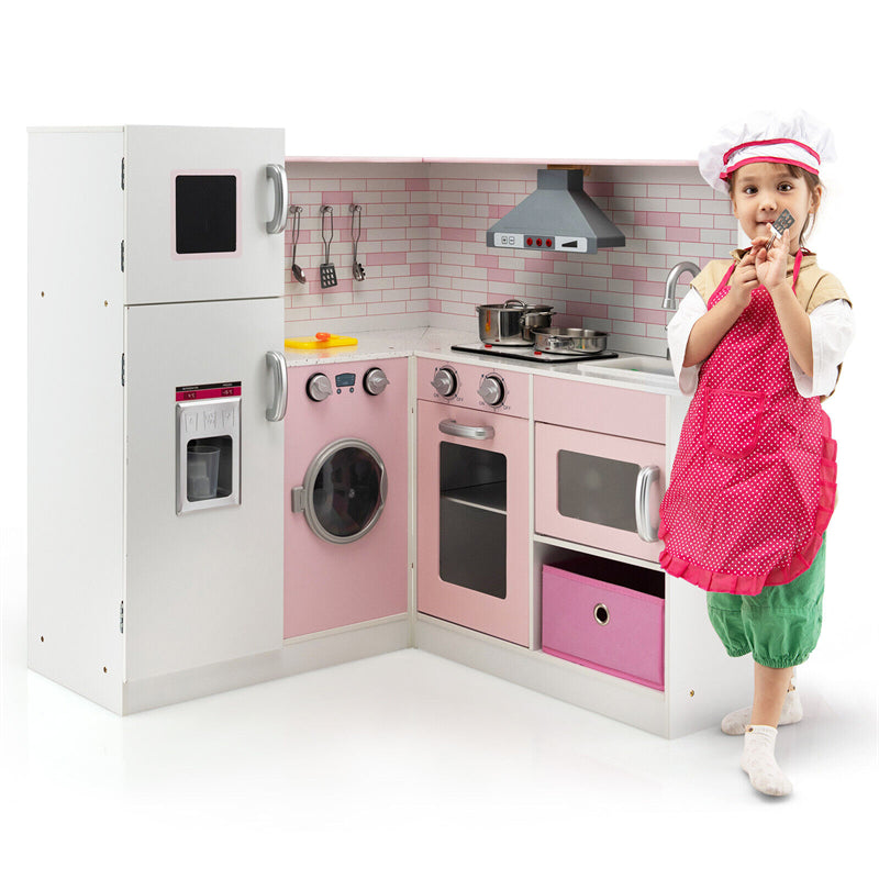 Pink Kids Corner Kitchen Playset Wooden Little Chef Pretend Play Kitchen Toy Set with Washing Machine, Ice Maker & Apron Chef Hat