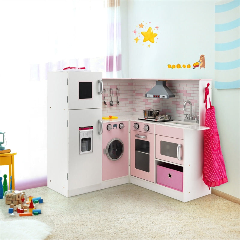 Pink Kids Corner Kitchen Playset Wooden Little Chef Pretend Play Kitchen Toy Set with Washing Machine, Ice Maker & Apron Chef Hat