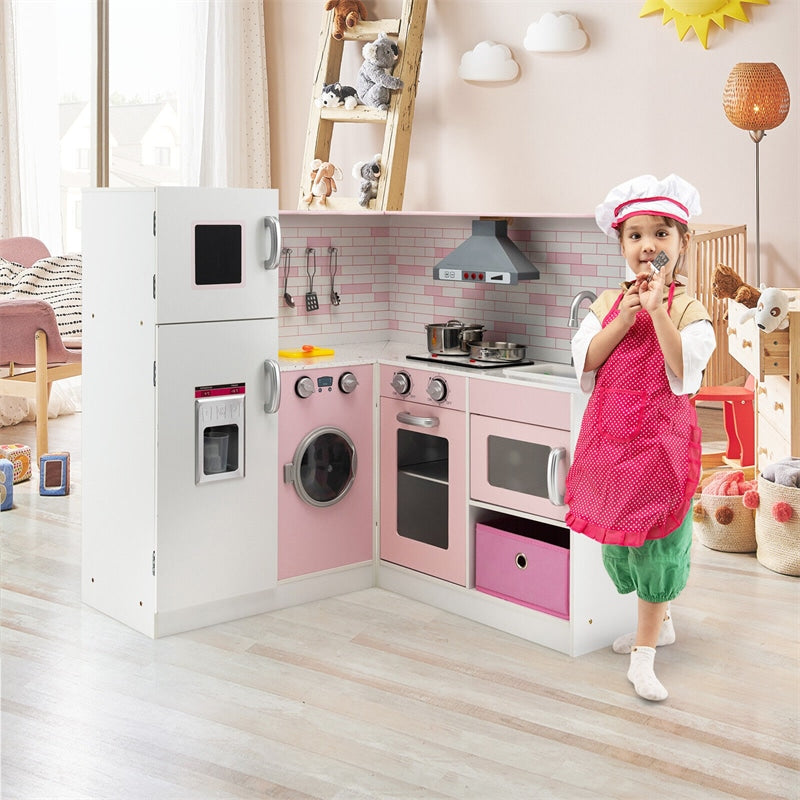 Pink Kids Corner Kitchen Playset Wooden Little Chef Pretend Play Kitchen Toy Set with Washing Machine, Ice Maker & Apron Chef Hat