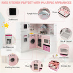 Pink Kids Corner Kitchen Playset Wooden Little Chef Pretend Play Kitchen Toy Set with Washing Machine, Ice Maker & Apron Chef Hat