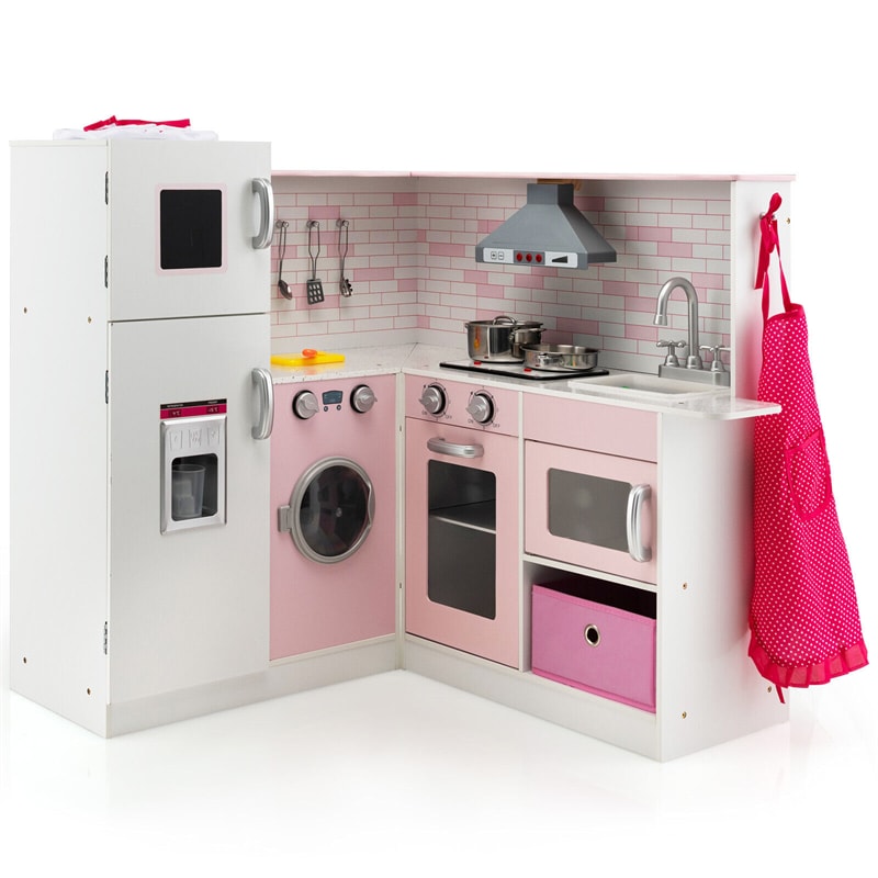 Pink Kids Corner Kitchen Playset Wooden Little Chef Pretend Play Kitchen Toy Set with Washing Machine, Ice Maker & Apron Chef Hat