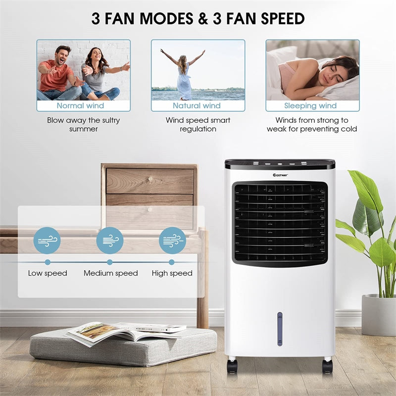 Portable Evaporative Air Cooler Bladeless Fan Cooling Filter Humidify Anion with Remote Control, 2 Ice Packs, 8L Water Tank & 7.5H Timer