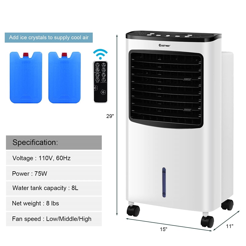 Portable Evaporative Air Cooler Bladeless Fan Cooling Filter Humidify Anion with Remote Control, 2 Ice Packs, 8L Water Tank & 7.5H Timer