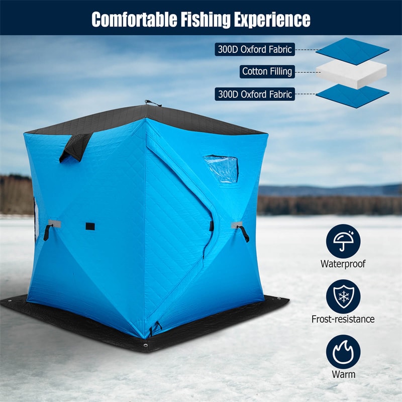 Pop-up Ice Fishing Shelter 2-Person Insulated Ice Fishing Tent Portable Ice Shanty Thermal Ice Shack with Cotton Padded Walls & Carrying Bag