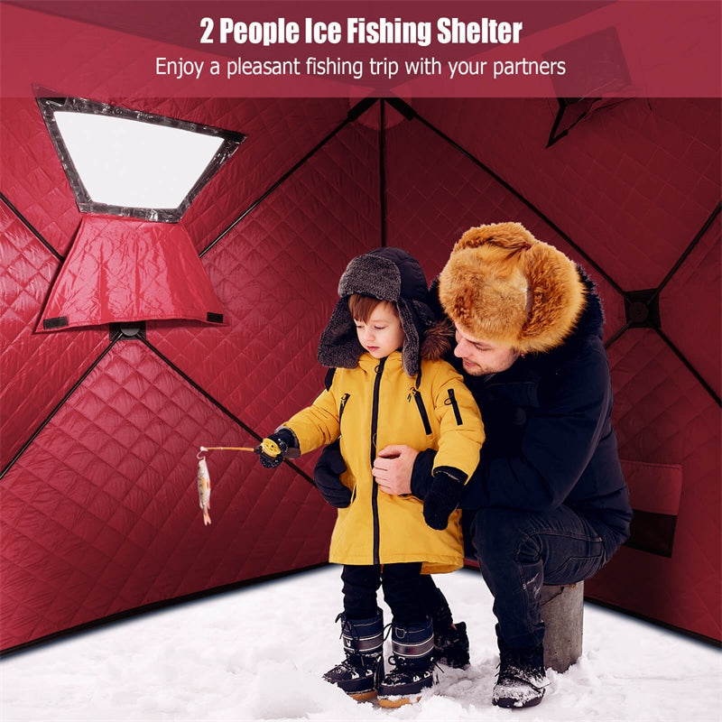 Pop-up Ice Fishing Shelter 2-Person Insulated Ice Fishing Tent Portable Ice Shanty Thermal Ice Shack with Cotton Padded Walls & Carrying Bag