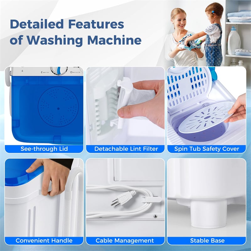 Portable Washing Machine 17.6 lbs Compact Twin Tub Laundry Washer Spin Dryer with Drain Pump, Control Knobs, Timer Function for Apartment Dorm RV