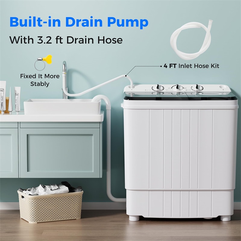 Portable Washing Machine 17.6 lbs Compact Twin Tub Laundry Washer Spin Dryer with Drain Pump, Control Knobs, Timer Function for Apartment Dorm RV