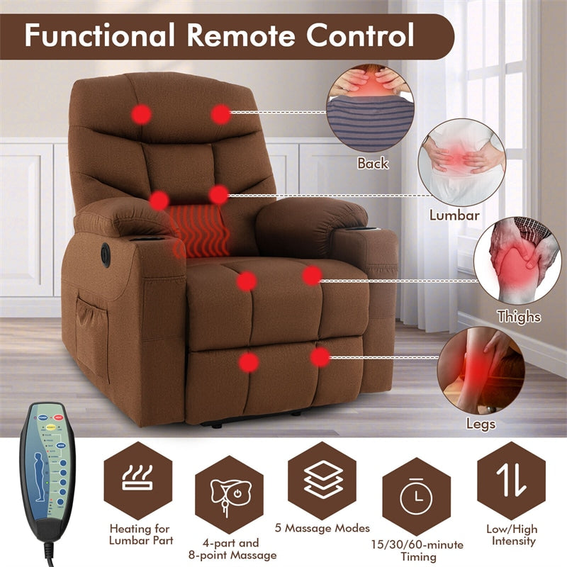 Power Lift Recliner Chair Elderly Electric Lift Sofa Linen Fabric Heated Massage Chair with Adjustable Backrest Footrest & Remote Control