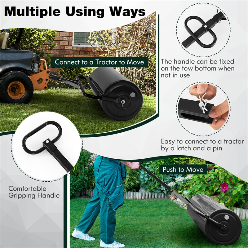 Lawn Roller Push/Tow-Behind Lawn Roller 30 Gallon Water Sand Filled Sod Drum Roller with Detachable Handle for Garden Yard Park Farm