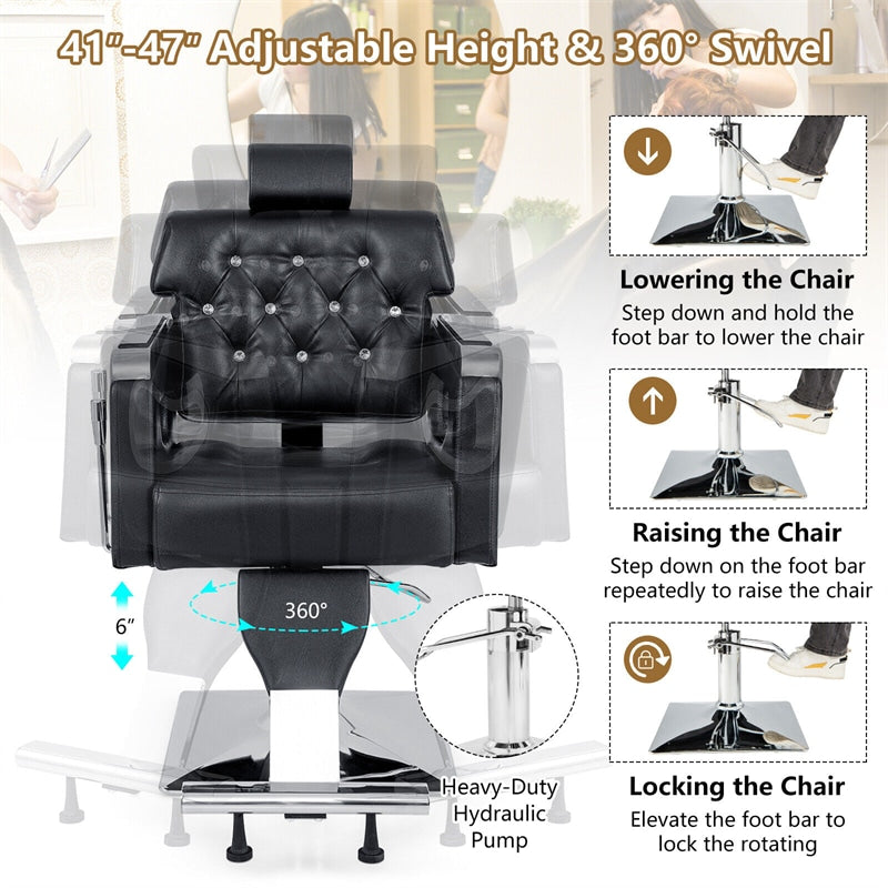 Reclining Salon Chair Heavy Duty Hydraulic Barber Chair Height Adjustable 360° Swivel Luxury Leather Padded Styling Chair with Headrest