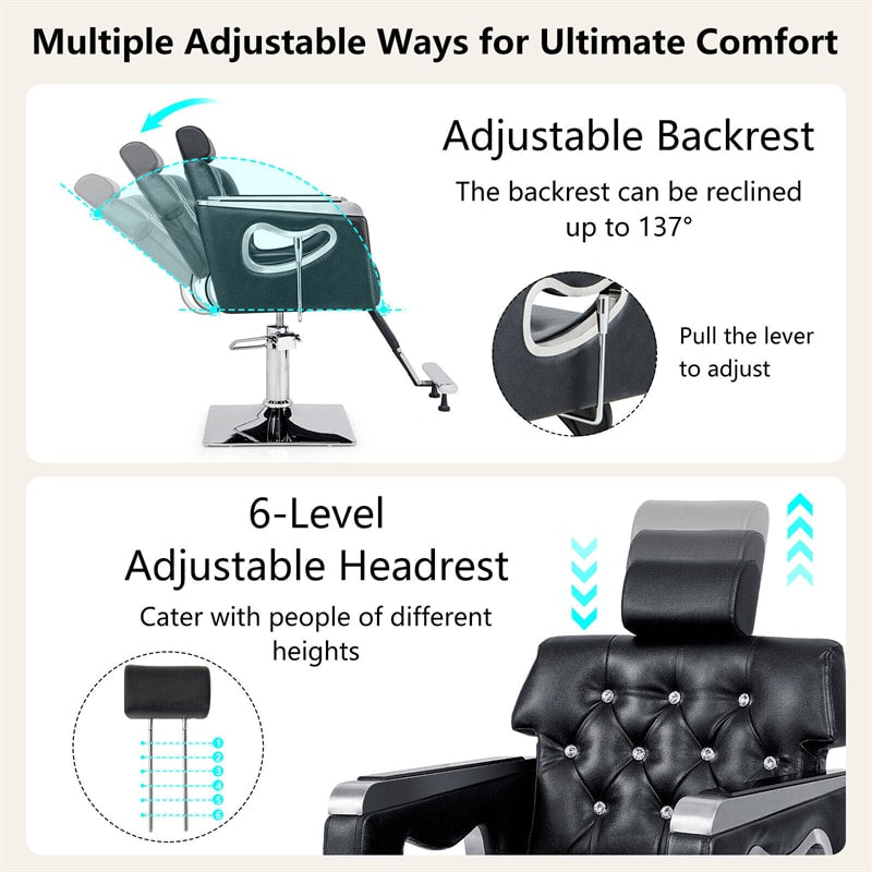 Reclining Salon Chair Heavy Duty Hydraulic Barber Chair Height Adjustable 360° Swivel Luxury Leather Padded Styling Chair with Headrest