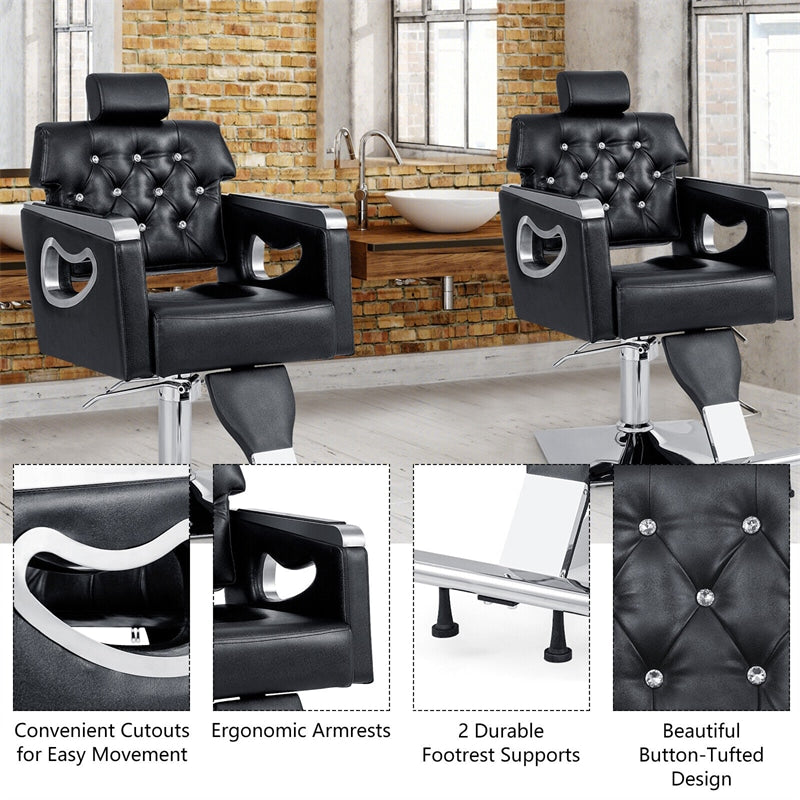 Reclining Salon Chair Heavy Duty Hydraulic Barber Chair Height Adjustable 360° Swivel Luxury Leather Padded Styling Chair with Headrest