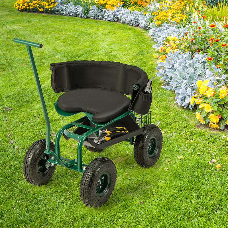 Rolling Garden Cart Gardening Workseat Height Adjustable Garden Scooter 360° Swivel Seat with 4 Wheels, 2 Handles & Removable Cushion