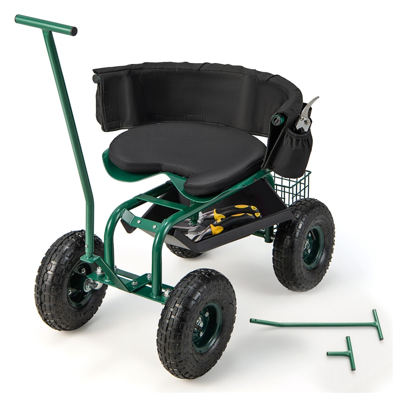 Rolling Garden Cart Gardening Workseat Height Adjustable Garden Scooter 360° Swivel Seat with 4 Wheels, 2 Handles & Removable Cushion