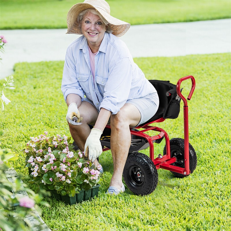 Rolling Garden Cart 360° Swivel Workseat Height Adjustable Garden Scooter with Cushions, Tool Tray, Storage Basket