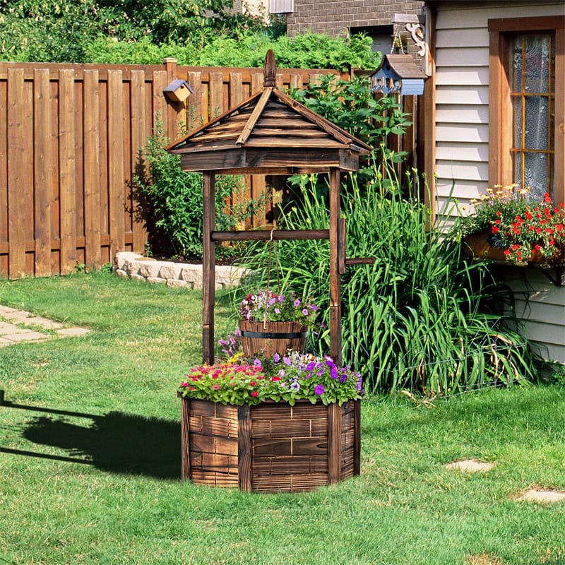 Rustic Wooden Wishing Well Planter Hexagonal Bucket Flower Plants Planter for Outdoor Backyard Garden Decor