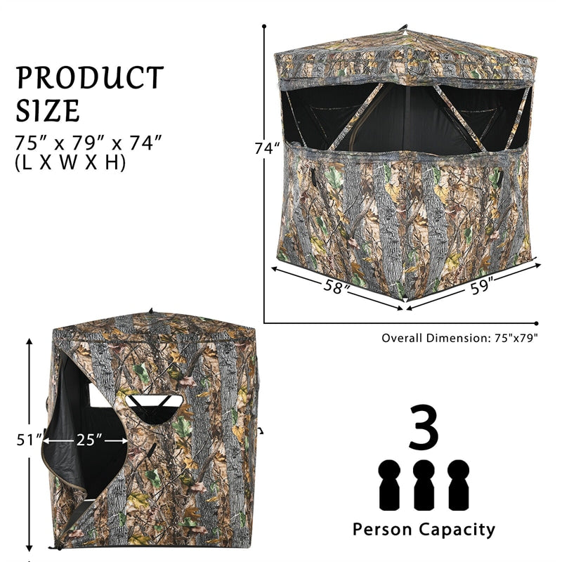 See Through Hunting Blind 3 Person Pop Up Ground Blind Camo Deer Hunting Tent with Slide Window, Hub System & Carrying Bag