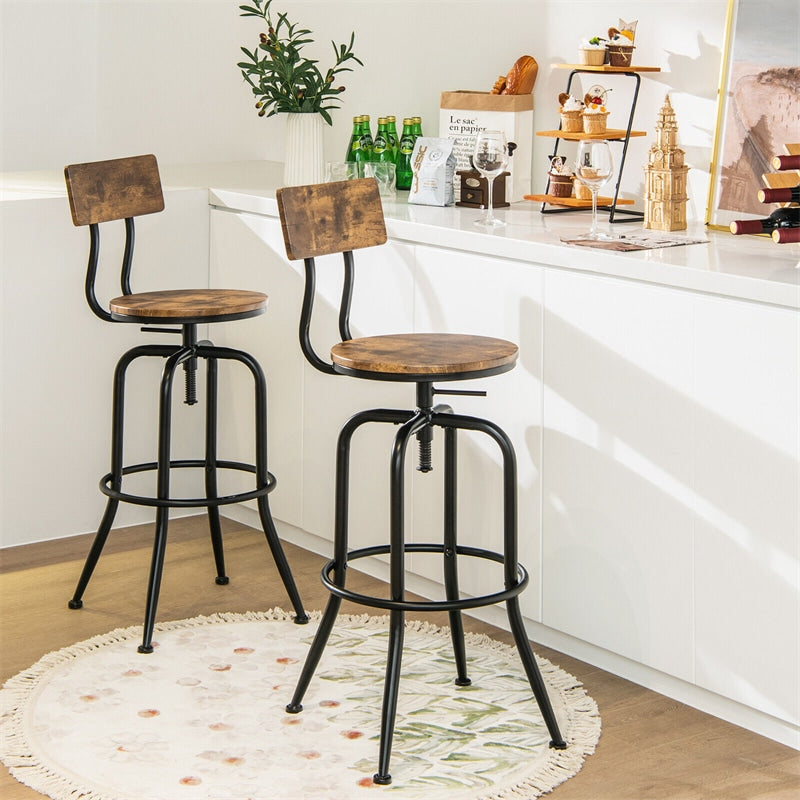 Set of 2 Woodsboro Barstools Adjustable Industrial Bar Stools Swivel Counter Height Dining Chairs with Detachable Arc-Shaped Backrest