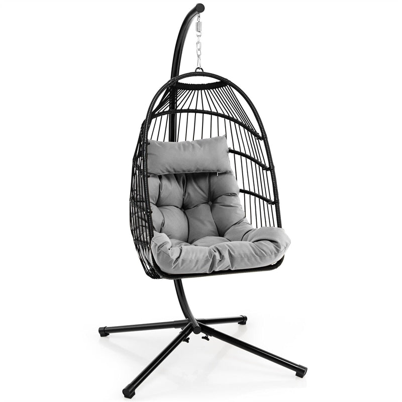 Swing Egg Chair Folding Hanging Basket Chair PE Rattan Hammock Chair with Steel Stand, Waterproof Cover, Removable Pillow & Cushion