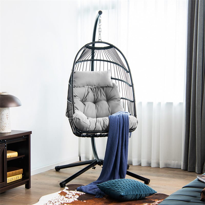 Swing Egg Chair Folding Hanging Basket Chair PE Rattan Hammock Chair with Steel Stand, Waterproof Cover, Removable Pillow & Cushion