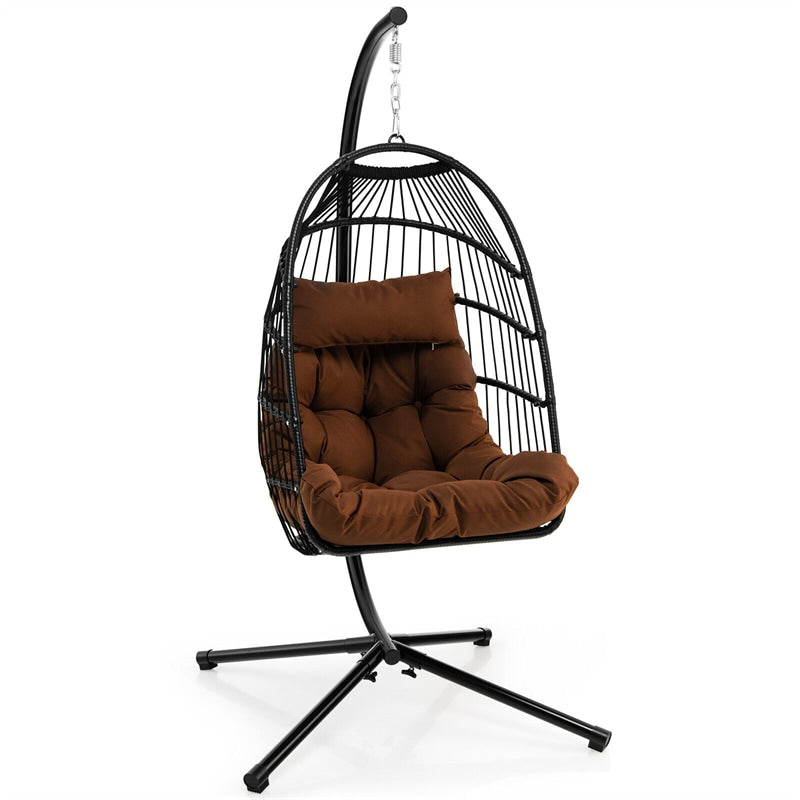 Swing Egg Chair Folding Hanging Basket Chair PE Rattan Hammock Chair with Steel Stand, Waterproof Cover, Removable Pillow & Cushion