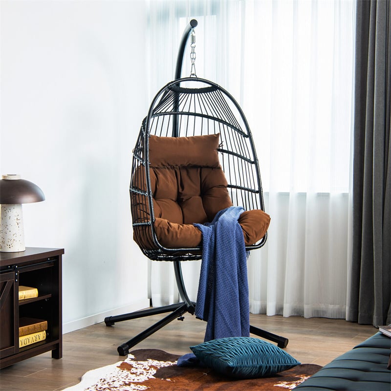 Swing Egg Chair Folding Hanging Basket Chair PE Rattan Hammock Chair with Steel Stand, Waterproof Cover, Removable Pillow & Cushion