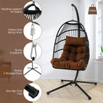 Swing Egg Chair Folding Hanging Basket Chair PE Rattan Hammock Chair with Steel Stand, Waterproof Cover, Removable Pillow & Cushion