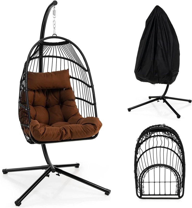 Swing Egg Chair Folding Hanging Basket Chair PE Rattan Hammock Chair with Steel Stand, Waterproof Cover, Removable Pillow & Cushion